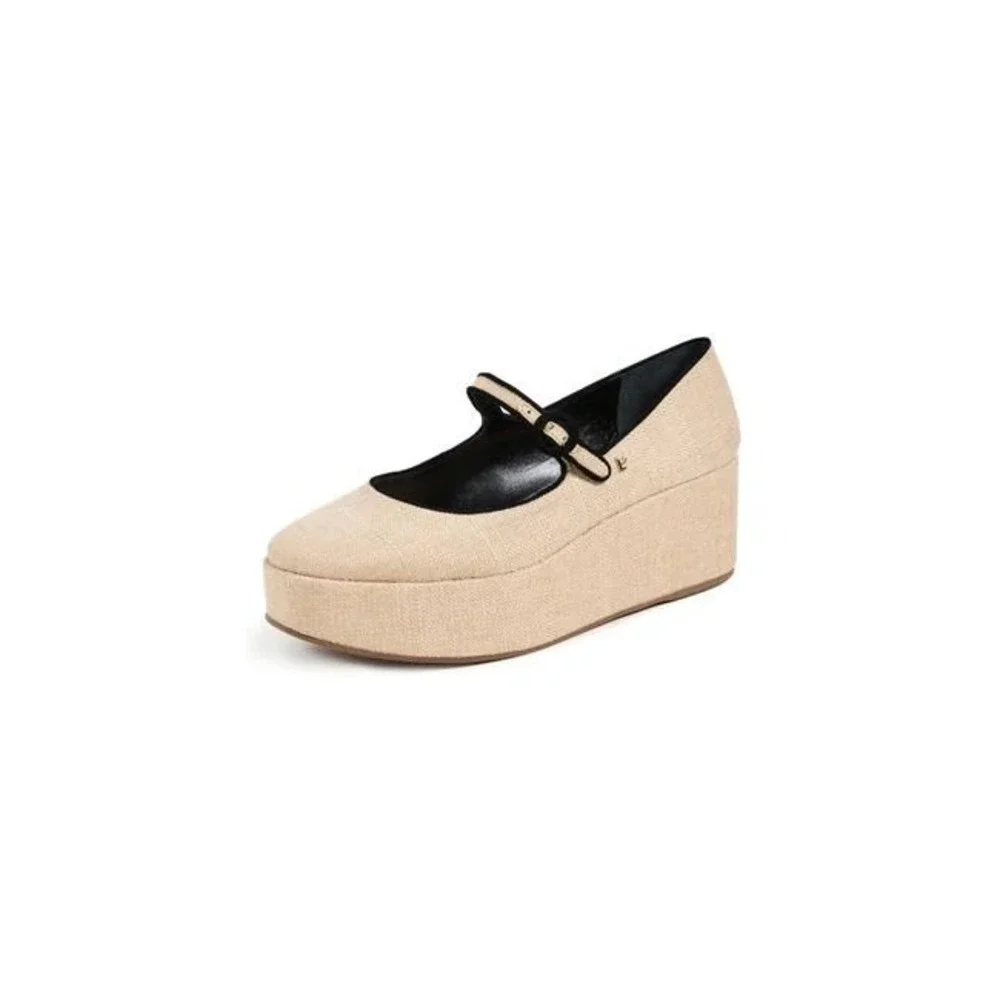 Larroude Brigitte Platform Mary Jane Raffia Natural Black Trim Shoes 8.5 NEW